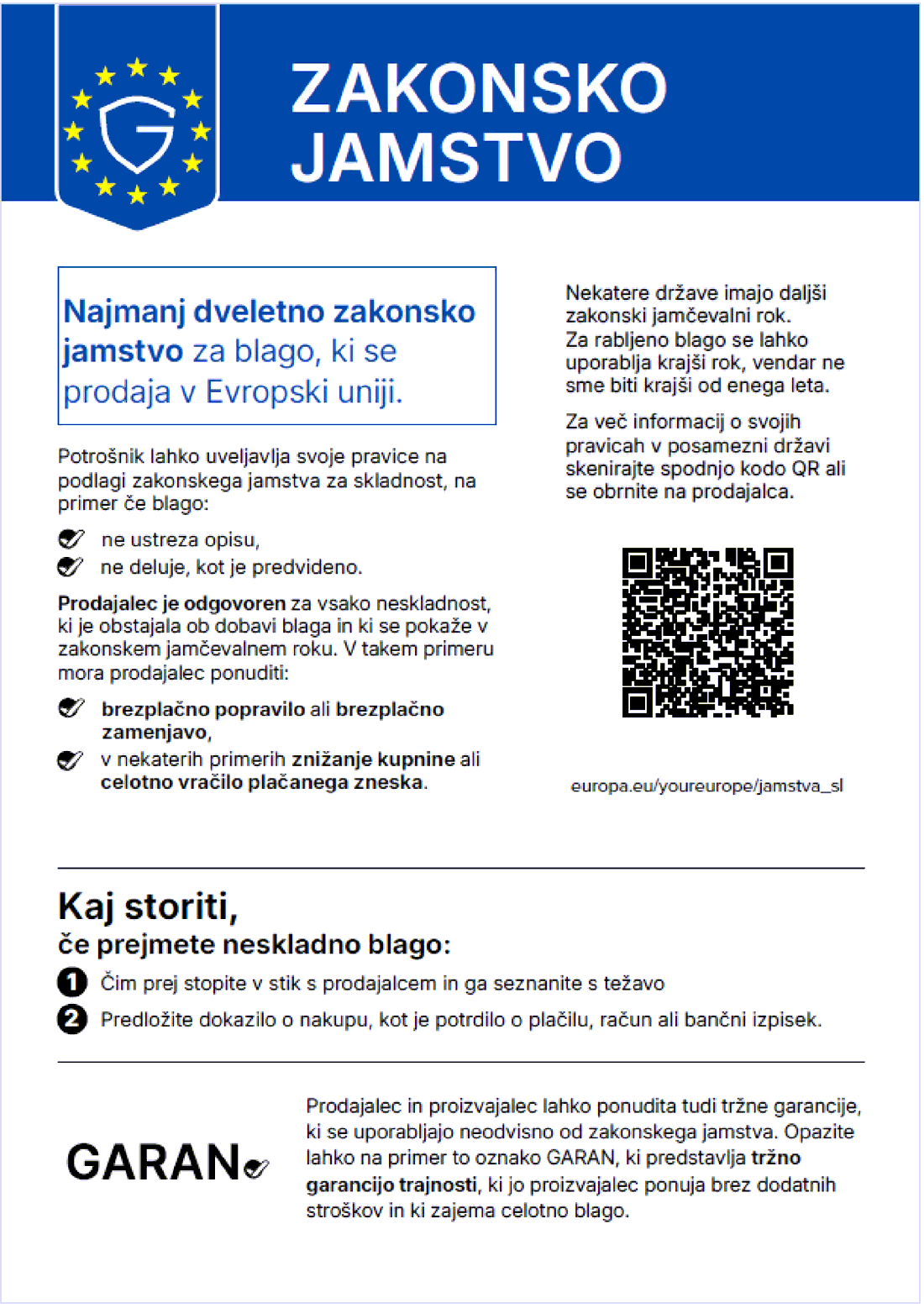 Zakonsko jamstvo za skladnost — najmanj dve leti (EU)
